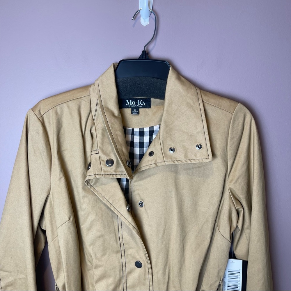 NWT Mo-Ka Camel Button-Down Tie Waist Trench Coat M - Picture 3 of 7